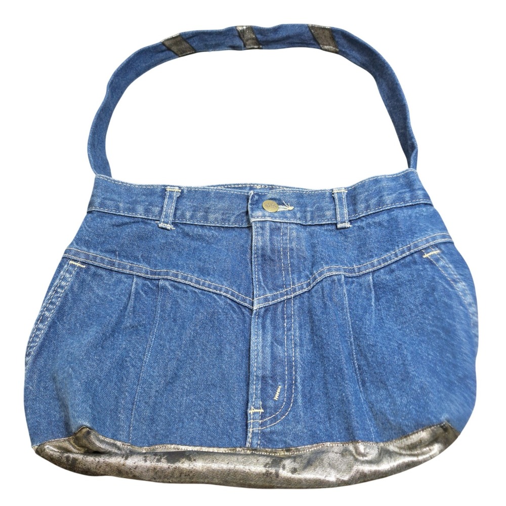 Vintage Chic Upcycled Denim Hobo Bag‎ Blue Jean Tote Metallic Silver Accents